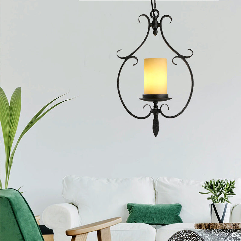 Antique Black Cylinder Pendant Ceiling Light Rustic Beige Glass 1 Light Living Room Hanging Lamp with Metal Cage Antique Black Clearhalo 'Ceiling Lights' 'Glass shade' 'Glass' 'Pendant Lights' 'Pendants' Lighting' 203417