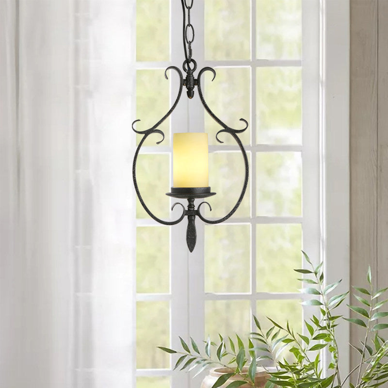 Antique Black Cylinder Pendant Ceiling Light Rustic Beige Glass 1 Light Living Room Hanging Lamp with Metal Cage Clearhalo 'Ceiling Lights' 'Glass shade' 'Glass' 'Pendant Lights' 'Pendants' Lighting' 203418
