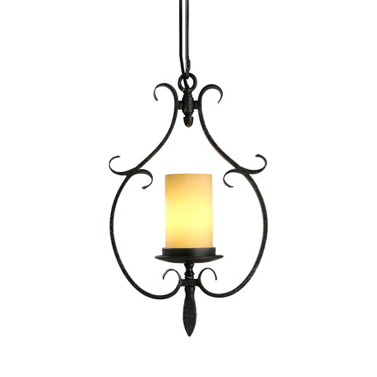 Antique Black Cylinder Pendant Ceiling Light Rustic Beige Glass 1 Light Living Room Hanging Lamp with Metal Cage Clearhalo 'Ceiling Lights' 'Glass shade' 'Glass' 'Pendant Lights' 'Pendants' Lighting' 203419