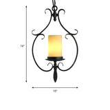 Antique Black Cylinder Pendant Ceiling Light Rustic Beige Glass 1 Light Living Room Hanging Lamp with Metal Cage Clearhalo 'Ceiling Lights' 'Glass shade' 'Glass' 'Pendant Lights' 'Pendants' Lighting' 203420