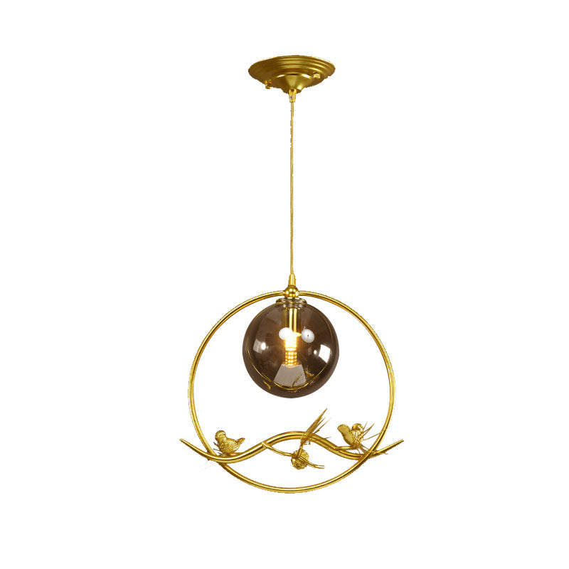 Globe Bedroom Pendant Light Vintage Smoke Gray/Clear/Amber Glass 1/3 Lights Brass Hanging Light with Round/Linear Canopy Clearhalo 'Ceiling Lights' 'Chandeliers' 'Glass shade' 'Glass' 'Pendant Lights' 'Pendants' Lighting' 203568