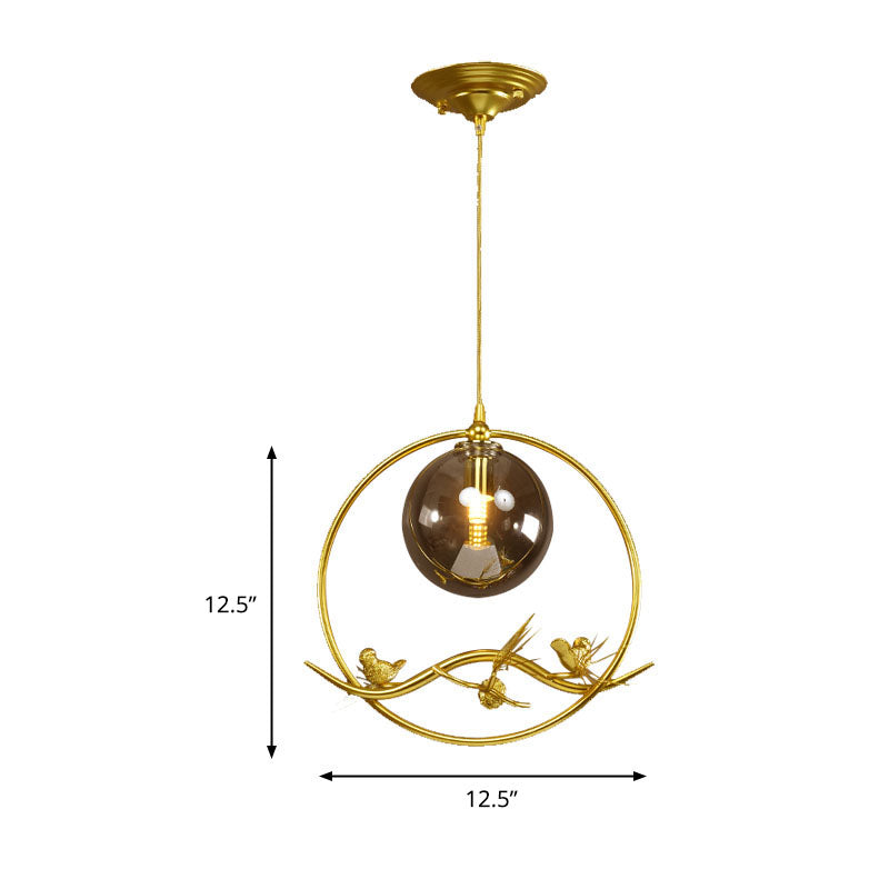 Globe Bedroom Pendant Light Vintage Smoke Gray/Clear/Amber Glass 1/3 Lights Brass Hanging Light with Round/Linear Canopy Clearhalo 'Ceiling Lights' 'Chandeliers' 'Glass shade' 'Glass' 'Pendant Lights' 'Pendants' Lighting' 203569