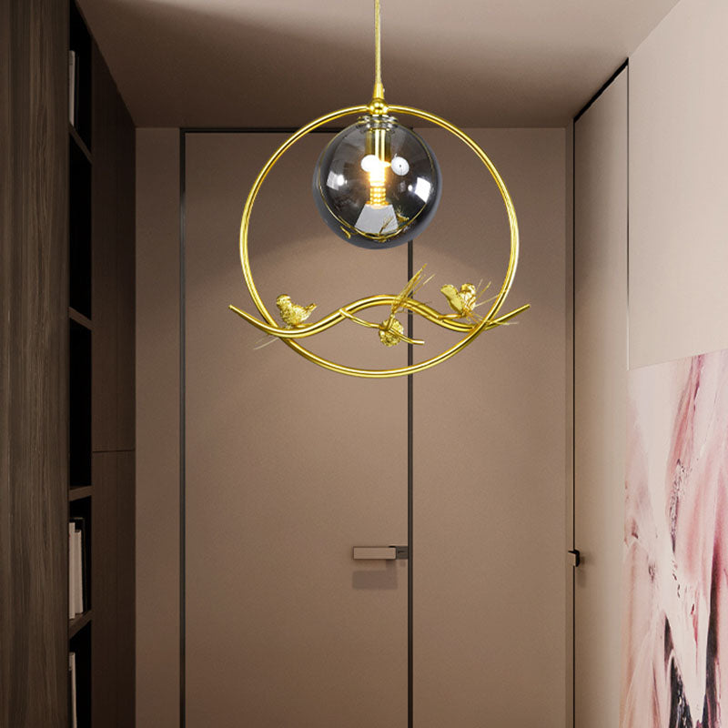 Globe Bedroom Pendant Light Vintage Smoke Gray/Clear/Amber Glass 1/3 Lights Brass Hanging Light with Round/Linear Canopy 1 Smoke Gray Round Clearhalo 'Ceiling Lights' 'Chandeliers' 'Glass shade' 'Glass' 'Pendant Lights' 'Pendants' Lighting' 203570