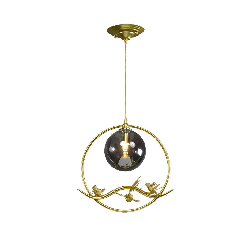 Globe Bedroom Pendant Light Vintage Smoke Gray/Clear/Amber Glass 1/3 Lights Brass Hanging Light with Round/Linear Canopy Clearhalo 'Ceiling Lights' 'Chandeliers' 'Glass shade' 'Glass' 'Pendant Lights' 'Pendants' Lighting' 203571
