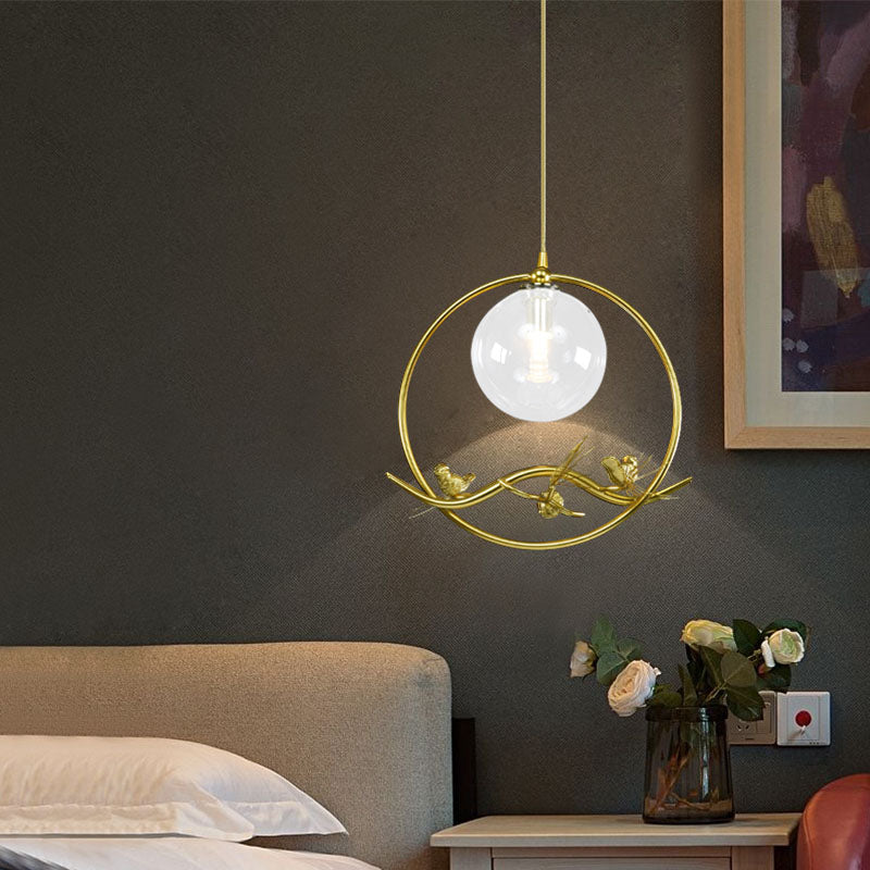 Globe Bedroom Pendant Light Vintage Smoke Gray/Clear/Amber Glass 1/3 Lights Brass Hanging Light with Round/Linear Canopy Clearhalo 'Ceiling Lights' 'Chandeliers' 'Glass shade' 'Glass' 'Pendant Lights' 'Pendants' Lighting' 203572