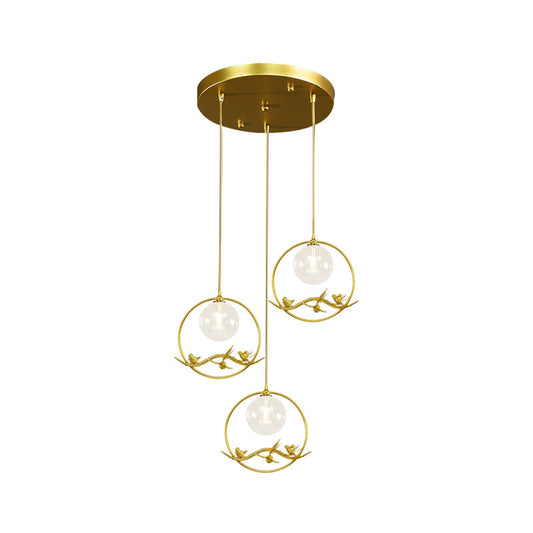 Globe Bedroom Pendant Light Vintage Smoke Gray/Clear/Amber Glass 1/3 Lights Brass Hanging Light with Round/Linear Canopy Clearhalo 'Ceiling Lights' 'Chandeliers' 'Glass shade' 'Glass' 'Pendant Lights' 'Pendants' Lighting' 203580