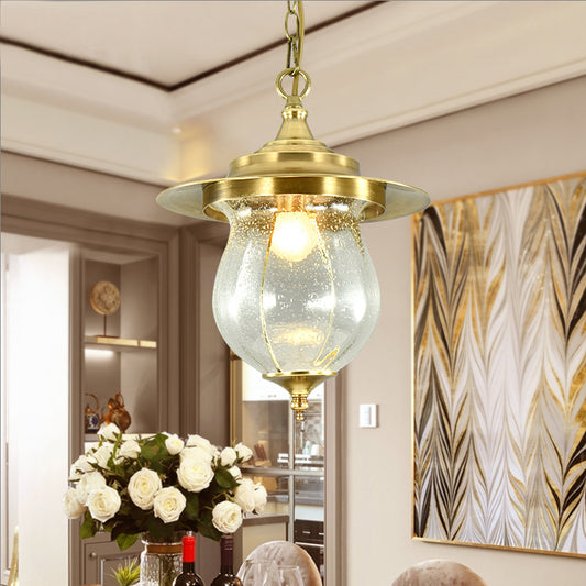 Seeded Glass Urn Pendant Light Colonization 1 Bulb Gold Suspended Lighting Fixture Clearhalo 'Ceiling Lights' 'Glass shade' 'Glass' 'Pendant Lights' 'Pendants' Lighting' 203633