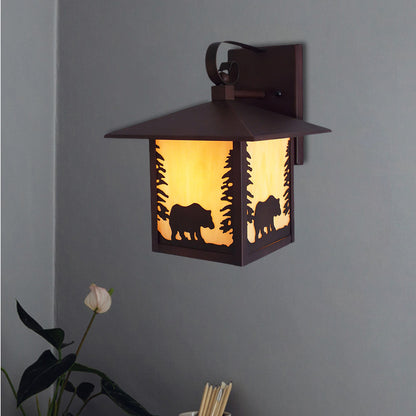 Metal Lantern Sconce Lighting Rustic 1 Light Porch Wall Mounted Lamp in Copper with Amber Glass Shade Copper Clearhalo 'Wall Lamps & Sconces' 'Wall Lights' Lighting' 203636