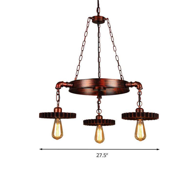 3/7 Heads Gear Pendant Lighting with Open Bulb Antique Style Dark Rust Metal Chandelier Light Fixture for Restaurant Clearhalo 'Cast Iron' 'Ceiling Lights' 'Chandeliers' 'Industrial Chandeliers' 'Industrial' 'Metal' 'Middle Century Chandeliers' 'Rustic Chandeliers' 'Tiffany' Lighting' 203652