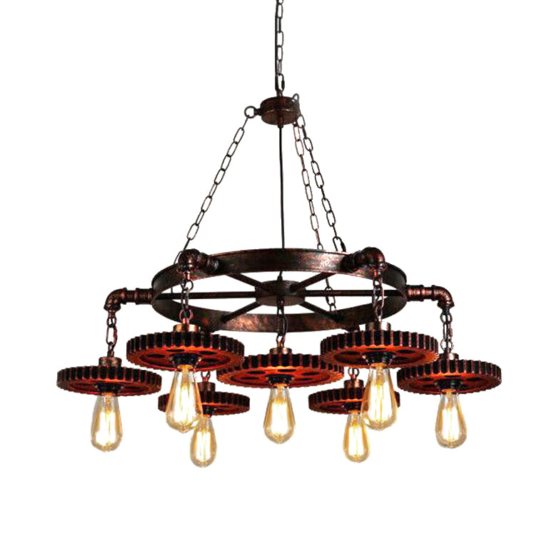 3/7 Heads Gear Pendant Lighting with Open Bulb Antique Style Dark Rust Metal Chandelier Light Fixture for Restaurant Clearhalo 'Cast Iron' 'Ceiling Lights' 'Chandeliers' 'Industrial Chandeliers' 'Industrial' 'Metal' 'Middle Century Chandeliers' 'Rustic Chandeliers' 'Tiffany' Lighting' 203653