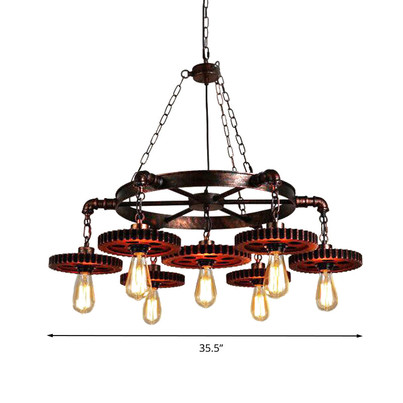 3/7 Heads Gear Pendant Lighting with Open Bulb Antique Style Dark Rust Metal Chandelier Light Fixture for Restaurant Clearhalo 'Cast Iron' 'Ceiling Lights' 'Chandeliers' 'Industrial Chandeliers' 'Industrial' 'Metal' 'Middle Century Chandeliers' 'Rustic Chandeliers' 'Tiffany' Lighting' 203654