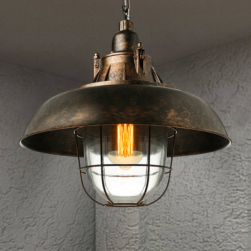 1 Head Bowl Hanging Fixture Industrial Black/Rust Metal and Glass Ceiling Light with Wire Cage for Restaurant Clearhalo 'Ceiling Lights' 'Close To Ceiling Lights' 'Glass shade' 'Glass' 'Industrial Pendants' 'Industrial' 'Middle Century Pendants' 'Pendant Lights' 'Pendants' 'Tiffany' Lighting' 203831