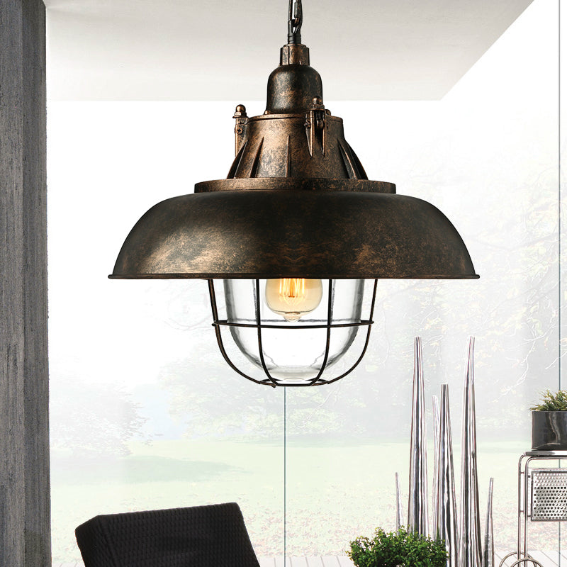1 Head Bowl Hanging Fixture Industrial Black/Rust Metal and Glass Ceiling Light with Wire Cage for Restaurant Clearhalo 'Ceiling Lights' 'Close To Ceiling Lights' 'Glass shade' 'Glass' 'Industrial Pendants' 'Industrial' 'Middle Century Pendants' 'Pendant Lights' 'Pendants' 'Tiffany' Lighting' 203832