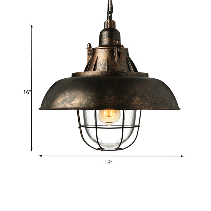 1 Head Bowl Hanging Fixture Industrial Black/Rust Metal and Glass Ceiling Light with Wire Cage for Restaurant Clearhalo 'Ceiling Lights' 'Close To Ceiling Lights' 'Glass shade' 'Glass' 'Industrial Pendants' 'Industrial' 'Middle Century Pendants' 'Pendant Lights' 'Pendants' 'Tiffany' Lighting' 203833