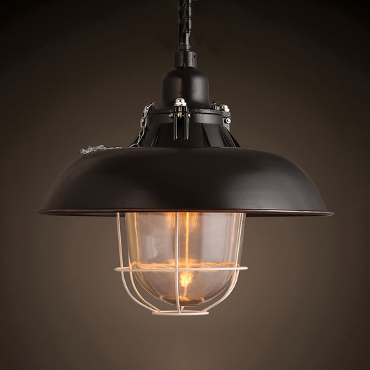 1 Head Bowl Hanging Fixture Industrial Black/Rust Metal and Glass Ceiling Light with Wire Cage for Restaurant Black Clearhalo 'Ceiling Lights' 'Close To Ceiling Lights' 'Glass shade' 'Glass' 'Industrial Pendants' 'Industrial' 'Middle Century Pendants' 'Pendant Lights' 'Pendants' 'Tiffany' Lighting' 203834