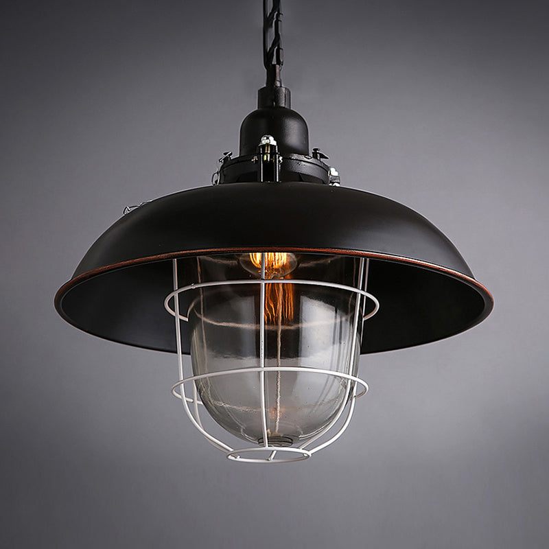 1 Head Bowl Hanging Fixture Industrial Black/Rust Metal and Glass Ceiling Light with Wire Cage for Restaurant Clearhalo 'Ceiling Lights' 'Close To Ceiling Lights' 'Glass shade' 'Glass' 'Industrial Pendants' 'Industrial' 'Middle Century Pendants' 'Pendant Lights' 'Pendants' 'Tiffany' Lighting' 203835