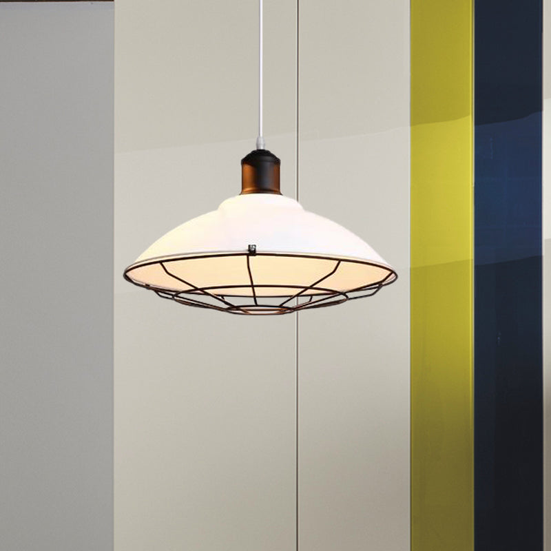 1 Light Wire Cage Hanging Light with Saucer Shade Industrial Black/White Iron Pendant Light Fixture for Kitchen White Clearhalo 'Art Deco Pendants' 'Black' 'Cast Iron' 'Ceiling Lights' 'Ceramic' 'Crystal' 'Industrial Pendants' 'Industrial' 'Metal' 'Middle Century Pendants' 'Pendant Lights' 'Pendants' 'Rustic Pendants' 'Tiffany' Lighting' 203843