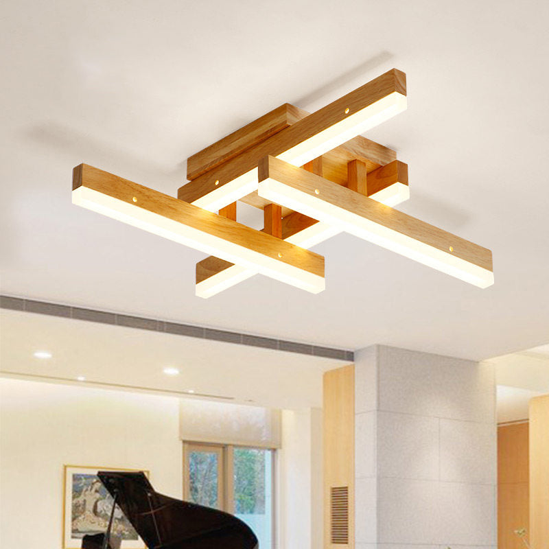 Rectangular Living Room Semi Flush Light Wooden Contemporary LED Flush Ceiling Light Fixture, Beige Wood Clearhalo 'Ceiling Lights' 'Close To Ceiling Lights' 'Close to ceiling' 'Flush mount' Lighting' 2038516