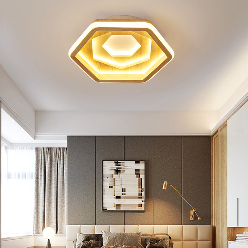 Honeycomb Bedroom LED Flush Ceiling Light Wooden Contemporary Flush Mount Lighting Fixture in Beige Clearhalo 'Ceiling Lights' 'Close To Ceiling Lights' 'Close to ceiling' 'Flush mount' Lighting' 2038614