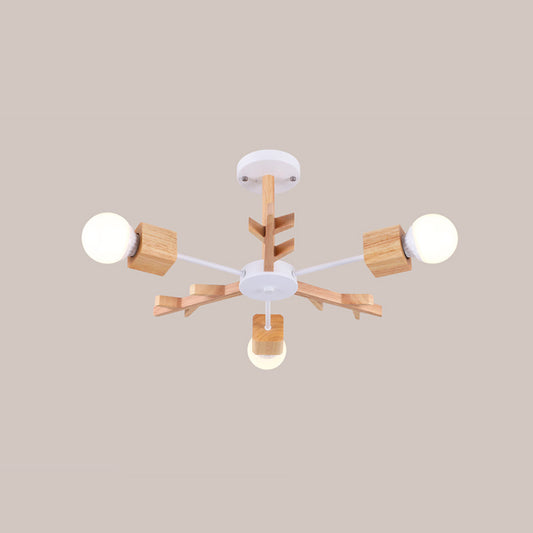 Branches Wooden Semi Flush Mount Light Nordic Beige LED Ceiling Light Flush Mount for Bedroom 3 Wood Clearhalo 'Ceiling Lights' 'Close To Ceiling Lights' 'Close to ceiling' 'Flush mount' Lighting' 2038622