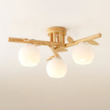 Cream Glass Sphere Flush Mount Light Nordic Wood Semi Flush Light with Branch-Like Decor Clearhalo 'Ceiling Lights' 'Close To Ceiling Lights' 'Close to ceiling' 'Flush mount' Lighting' 2038638