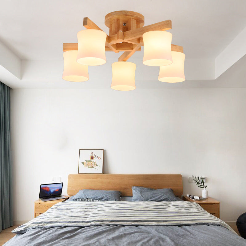 Opal Glass Cylinder Semi Flush Light Contemporary Beige Ceiling Flush Mount with Wooden Canopy Wood Medium Clearhalo 'Ceiling Lights' 'Close To Ceiling Lights' 'Close to ceiling' 'Flush mount' Lighting' 2038641