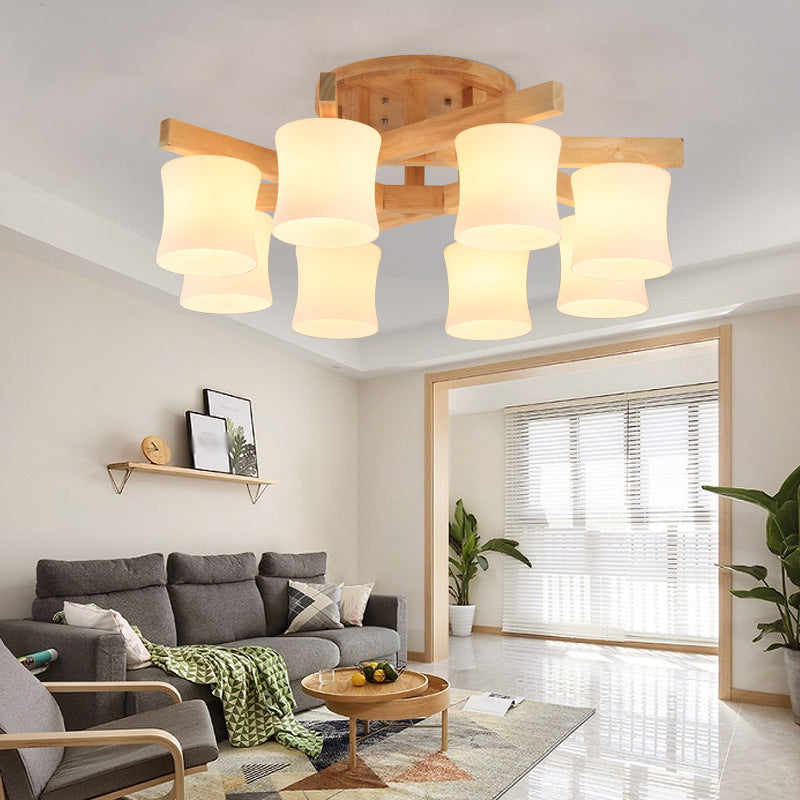 Opal Glass Cylinder Semi Flush Light Contemporary Beige Ceiling Flush Mount with Wooden Canopy Wood Large Clearhalo 'Ceiling Lights' 'Close To Ceiling Lights' 'Close to ceiling' 'Flush mount' Lighting' 2038643