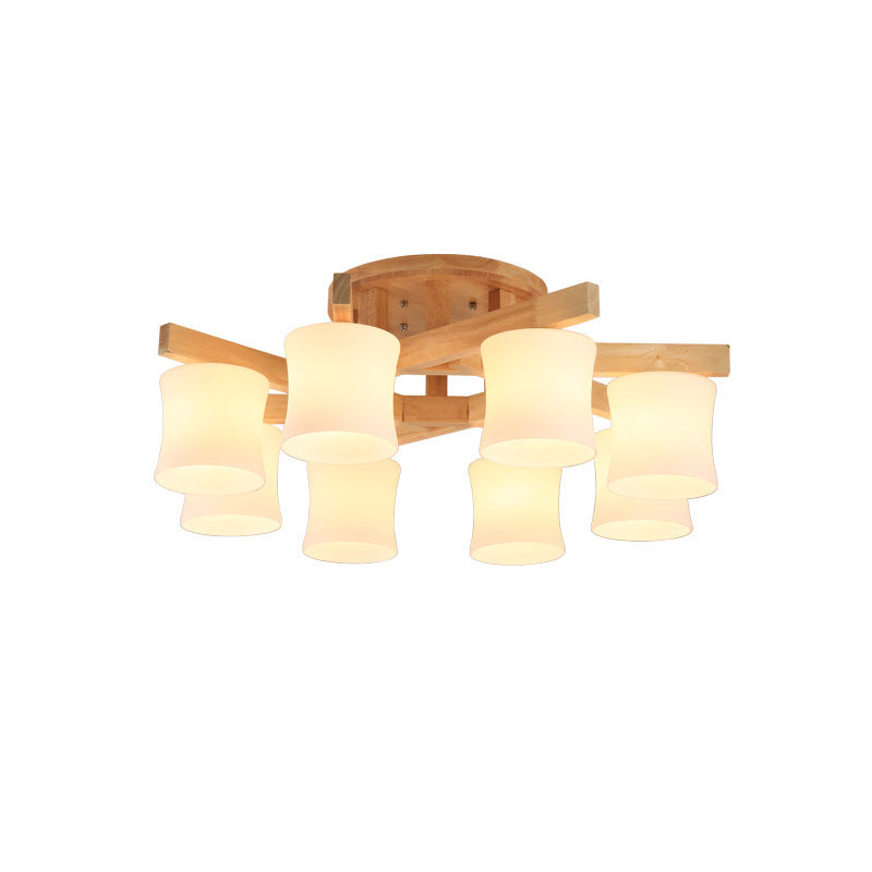 Opal Glass Cylinder Semi Flush Light Contemporary Beige Ceiling Flush Mount with Wooden Canopy Clearhalo 'Ceiling Lights' 'Close To Ceiling Lights' 'Close to ceiling' 'Flush mount' Lighting' 2038644