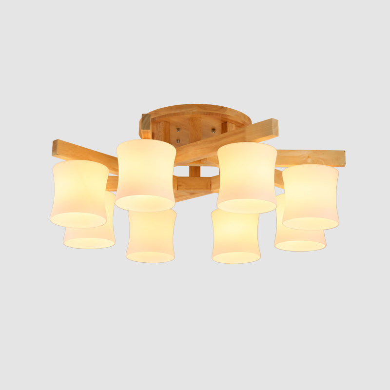 Opal Glass Cylinder Semi Flush Light Contemporary Beige Ceiling Flush Mount with Wooden Canopy Clearhalo 'Ceiling Lights' 'Close To Ceiling Lights' 'Close to ceiling' 'Flush mount' Lighting' 2038645