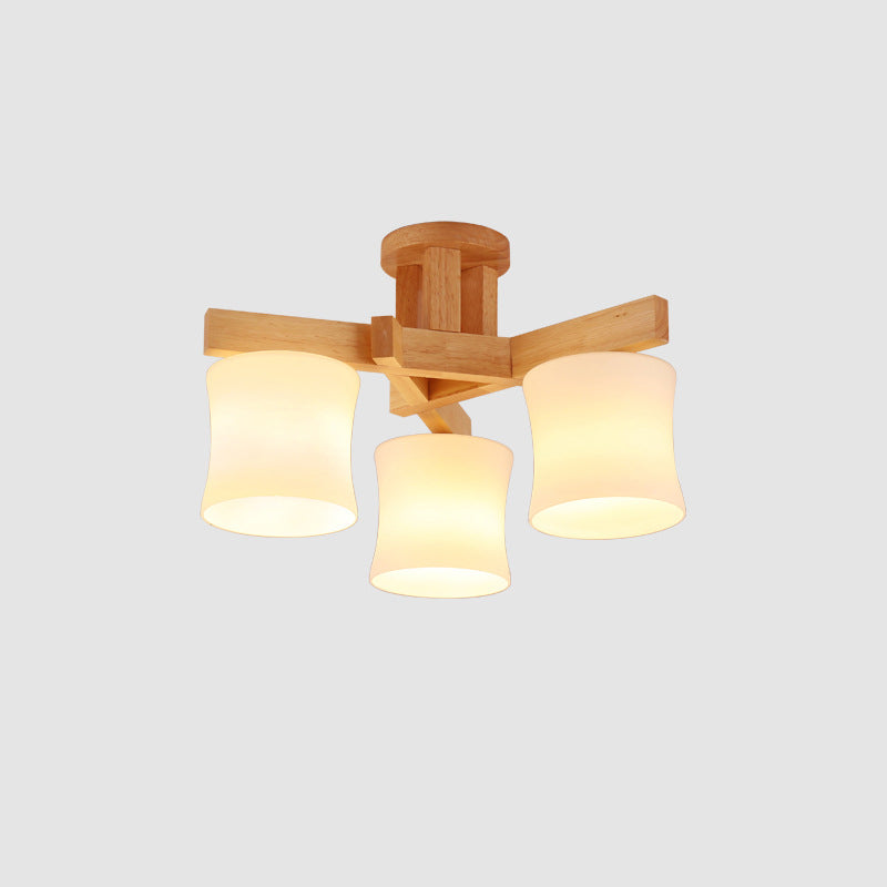Opal Glass Cylinder Semi Flush Light Contemporary Beige Ceiling Flush Mount with Wooden Canopy Clearhalo 'Ceiling Lights' 'Close To Ceiling Lights' 'Close to ceiling' 'Flush mount' Lighting' 2038647