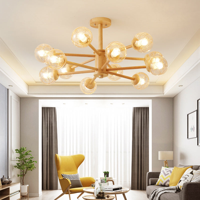 Beige 2-Tier Radial Light Fixture Nordic LED Wooden Chandelier Light with Ball Clear Glass Shade 12 Wood Clearhalo 'Carpenter Chandeliers' 'Ceiling Lights' 'Chandeliers' 'Industrial' 'Modern Chandeliers' 'Modern' Lighting' 2038672