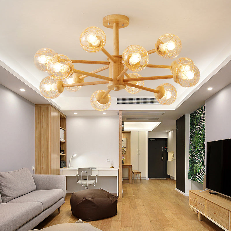 Beige 2-Tier Radial Light Fixture Nordic LED Wooden Chandelier Light with Ball Clear Glass Shade Clearhalo 'Carpenter Chandeliers' 'Ceiling Lights' 'Chandeliers' 'Industrial' 'Modern Chandeliers' 'Modern' Lighting' 2038673