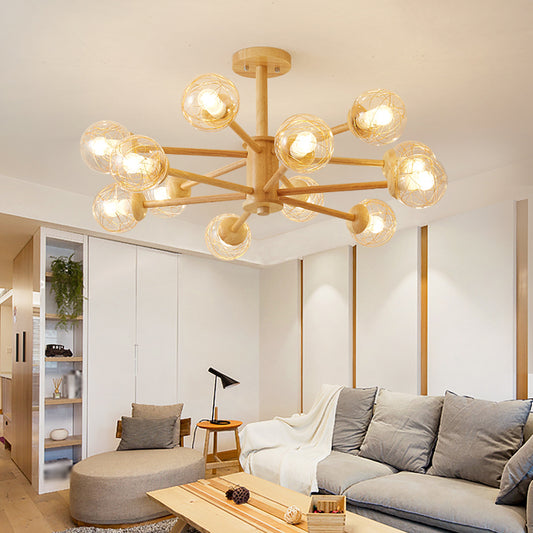 Beige 2-Tier Radial Light Fixture Nordic LED Wooden Chandelier Light with Ball Clear Glass Shade Clearhalo 'Carpenter Chandeliers' 'Ceiling Lights' 'Chandeliers' 'Industrial' 'Modern Chandeliers' 'Modern' Lighting' 2038674