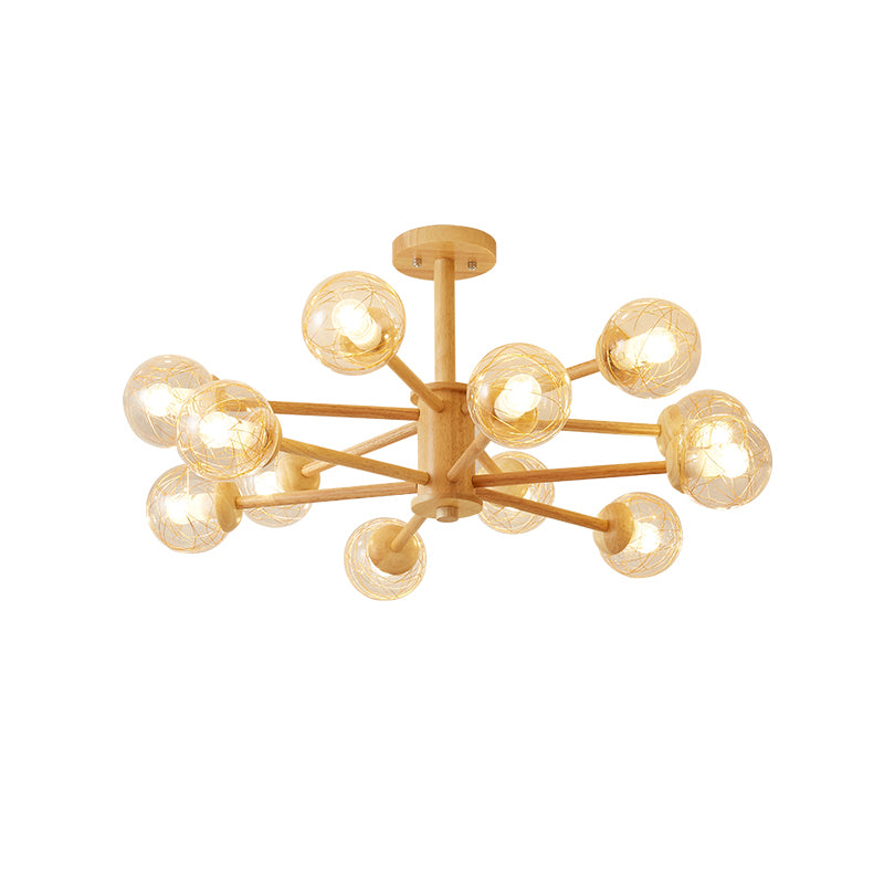 Beige 2-Tier Radial Light Fixture Nordic LED Wooden Chandelier Light with Ball Clear Glass Shade Clearhalo 'Carpenter Chandeliers' 'Ceiling Lights' 'Chandeliers' 'Industrial' 'Modern Chandeliers' 'Modern' Lighting' 2038675
