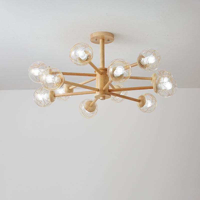 Beige 2-Tier Radial Light Fixture Nordic LED Wooden Chandelier Light with Ball Clear Glass Shade Clearhalo 'Carpenter Chandeliers' 'Ceiling Lights' 'Chandeliers' 'Industrial' 'Modern Chandeliers' 'Modern' Lighting' 2038676