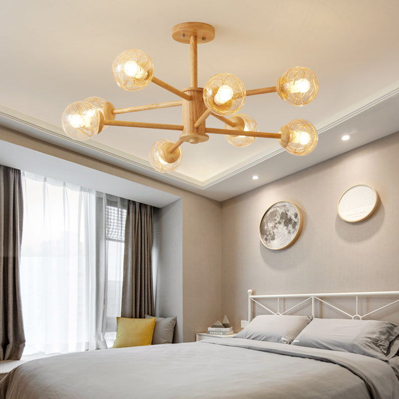 Beige 2-Tier Radial Light Fixture Nordic LED Wooden Chandelier Light with Ball Clear Glass Shade 8 Wood Clearhalo 'Carpenter Chandeliers' 'Ceiling Lights' 'Chandeliers' 'Industrial' 'Modern Chandeliers' 'Modern' Lighting' 2038677