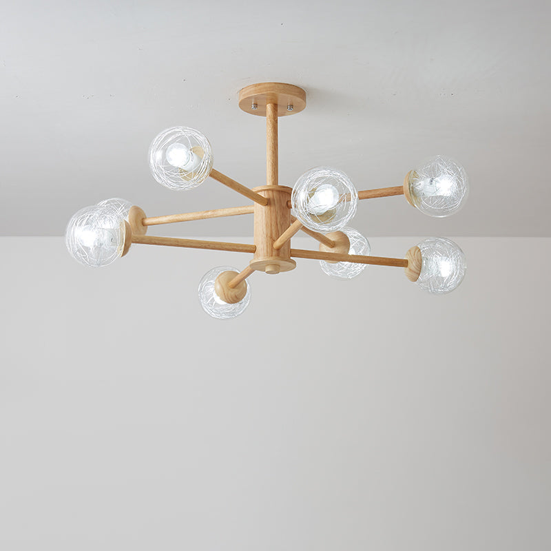 Beige 2-Tier Radial Light Fixture Nordic LED Wooden Chandelier Light with Ball Clear Glass Shade Clearhalo 'Carpenter Chandeliers' 'Ceiling Lights' 'Chandeliers' 'Industrial' 'Modern Chandeliers' 'Modern' Lighting' 2038678