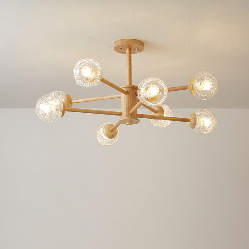 Beige 2-Tier Radial Light Fixture Nordic LED Wooden Chandelier Light with Ball Clear Glass Shade Clearhalo 'Carpenter Chandeliers' 'Ceiling Lights' 'Chandeliers' 'Industrial' 'Modern Chandeliers' 'Modern' Lighting' 2038679