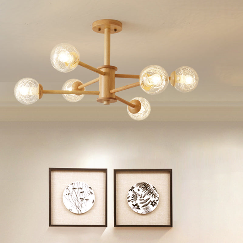 Beige 2-Tier Radial Light Fixture Nordic LED Wooden Chandelier Light with Ball Clear Glass Shade 6 Wood Clearhalo 'Carpenter Chandeliers' 'Ceiling Lights' 'Chandeliers' 'Industrial' 'Modern Chandeliers' 'Modern' Lighting' 2038680