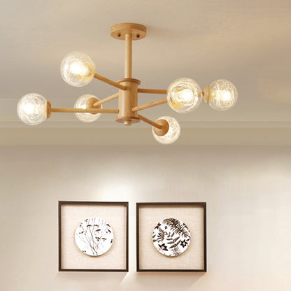 Beige 2-Tier Radial Light Fixture Nordic LED Wooden Chandelier Light with Ball Clear Glass Shade 6 Wood Clearhalo 'Carpenter Chandeliers' 'Ceiling Lights' 'Chandeliers' 'Industrial' 'Modern Chandeliers' 'Modern' Lighting' 2038680