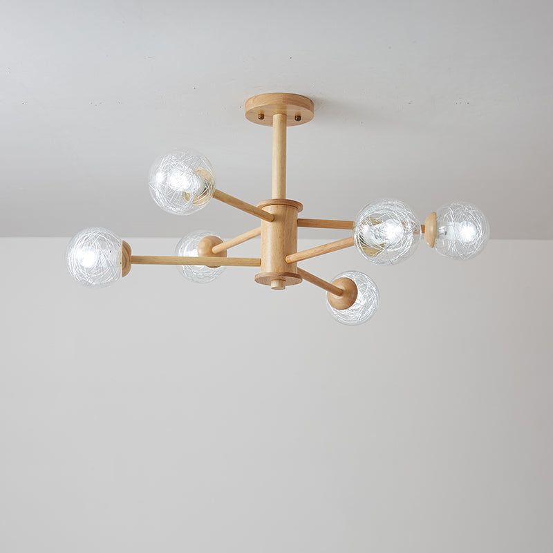 Beige 2-Tier Radial Light Fixture Nordic LED Wooden Chandelier Light with Ball Clear Glass Shade Clearhalo 'Carpenter Chandeliers' 'Ceiling Lights' 'Chandeliers' 'Industrial' 'Modern Chandeliers' 'Modern' Lighting' 2038681