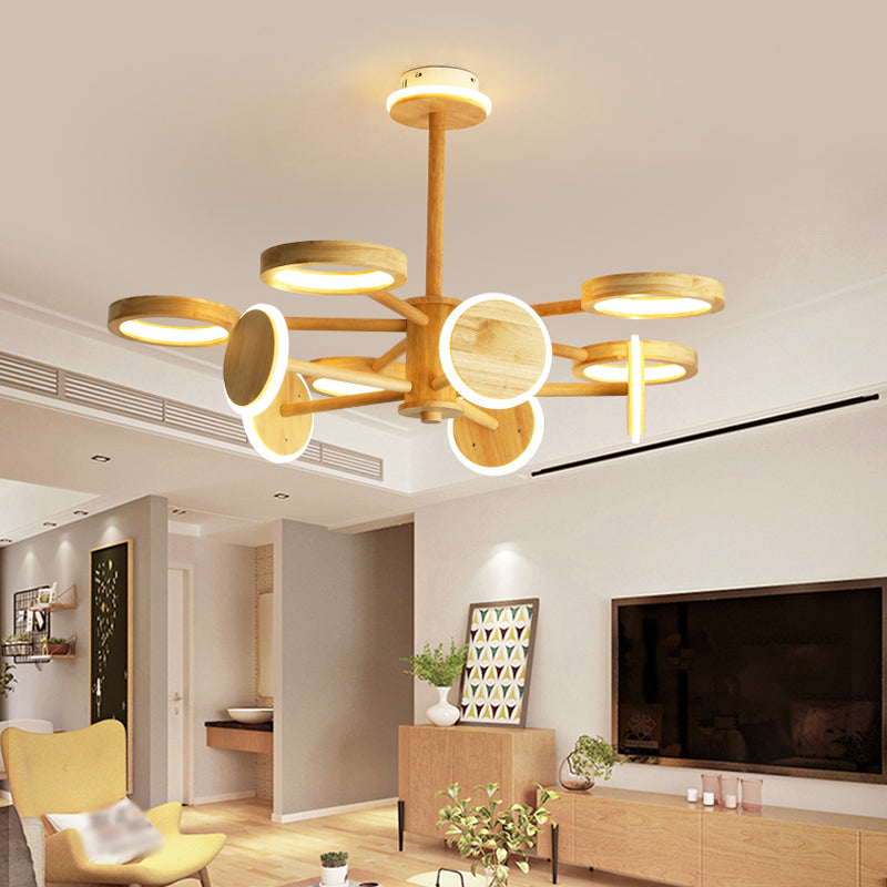 Japanese Radial Chandelier Light Wooden Living Room LED Hanging Light Fixture in Beige 11 Wood Clearhalo 'Carpenter Chandeliers' 'Ceiling Lights' 'Chandeliers' 'Industrial' 'Modern Chandeliers' 'Modern' Lighting' 2038686