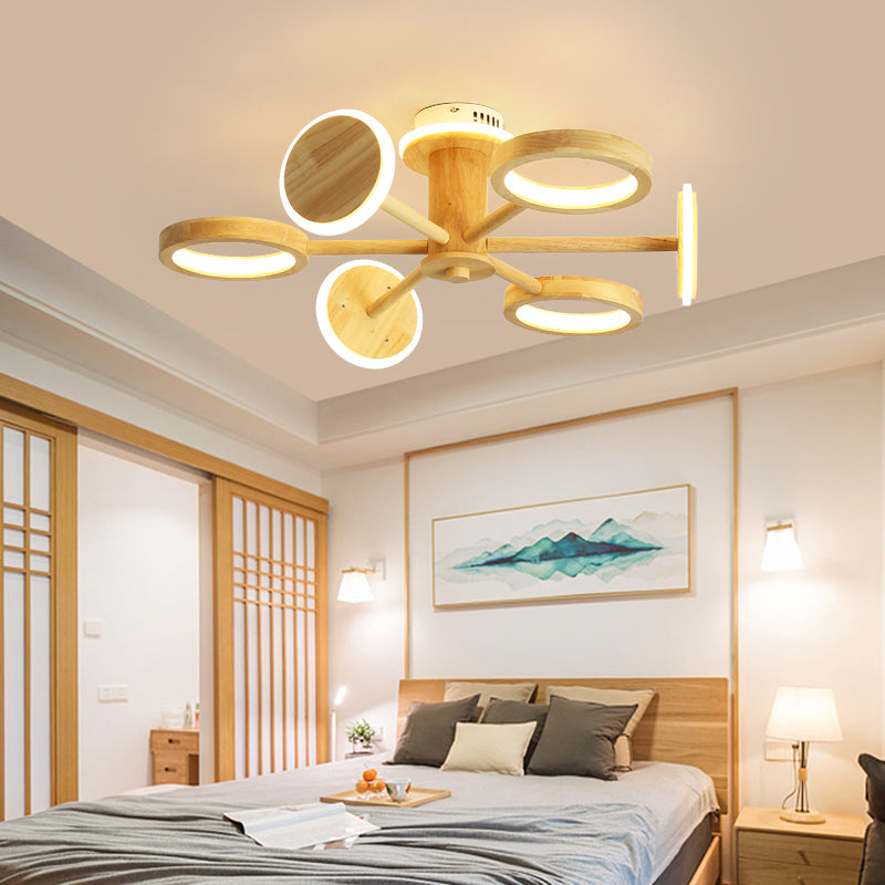 Japanese Radial Chandelier Light Wooden Living Room LED Hanging Light Fixture in Beige 7 Wood Clearhalo 'Carpenter Chandeliers' 'Ceiling Lights' 'Chandeliers' 'Industrial' 'Modern Chandeliers' 'Modern' Lighting' 2038690