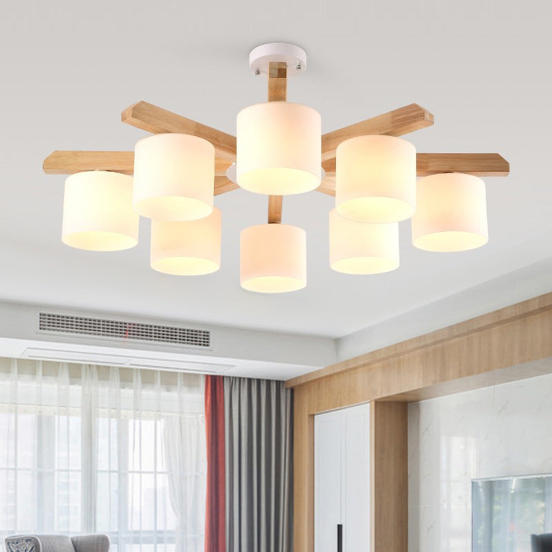 Opal Glass Barrel Shade Hanging Light Contemporary LED Wood Chandelier Light Fixture for Living Room 8 Wood Clearhalo 'Carpenter Chandeliers' 'Ceiling Lights' 'Chandeliers' 'Industrial' 'Modern Chandeliers' 'Modern' Lighting' 2038692