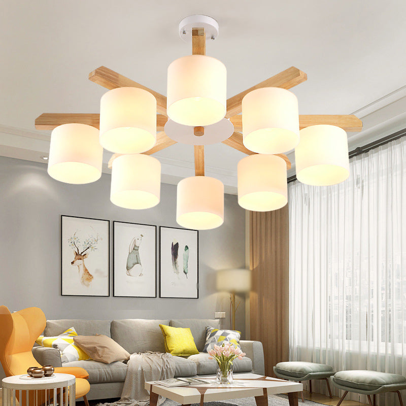 Opal Glass Barrel Shade Hanging Light Contemporary LED Wood Chandelier Light Fixture for Living Room Clearhalo 'Carpenter Chandeliers' 'Ceiling Lights' 'Chandeliers' 'Industrial' 'Modern Chandeliers' 'Modern' Lighting' 2038693