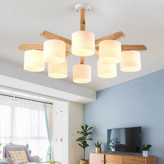 Opal Glass Barrel Shade Hanging Light Contemporary LED Wood Chandelier Light Fixture for Living Room Clearhalo 'Carpenter Chandeliers' 'Ceiling Lights' 'Chandeliers' 'Industrial' 'Modern Chandeliers' 'Modern' Lighting' 2038694