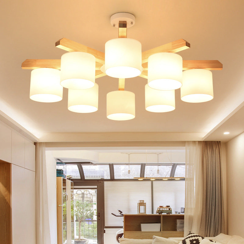Opal Glass Barrel Shade Hanging Light Contemporary LED Wood Chandelier Light Fixture for Living Room Clearhalo 'Carpenter Chandeliers' 'Ceiling Lights' 'Chandeliers' 'Industrial' 'Modern Chandeliers' 'Modern' Lighting' 2038695