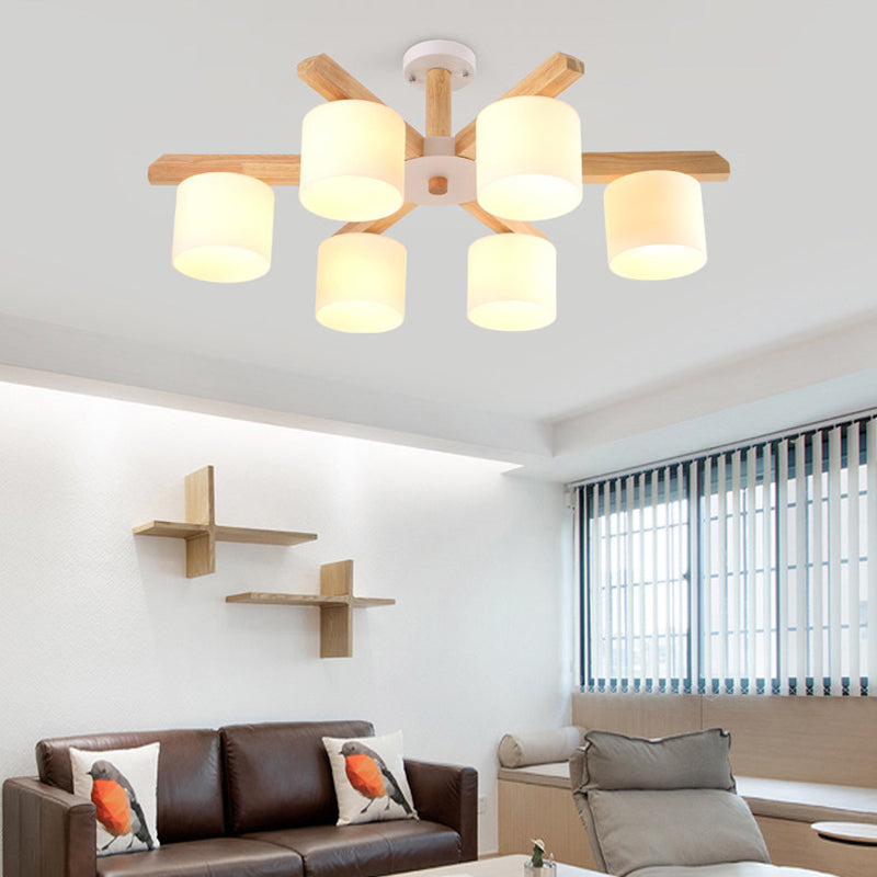 Opal Glass Barrel Shade Hanging Light Contemporary LED Wood Chandelier Light Fixture for Living Room 6 Wood Clearhalo 'Carpenter Chandeliers' 'Ceiling Lights' 'Chandeliers' 'Industrial' 'Modern Chandeliers' 'Modern' Lighting' 2038696