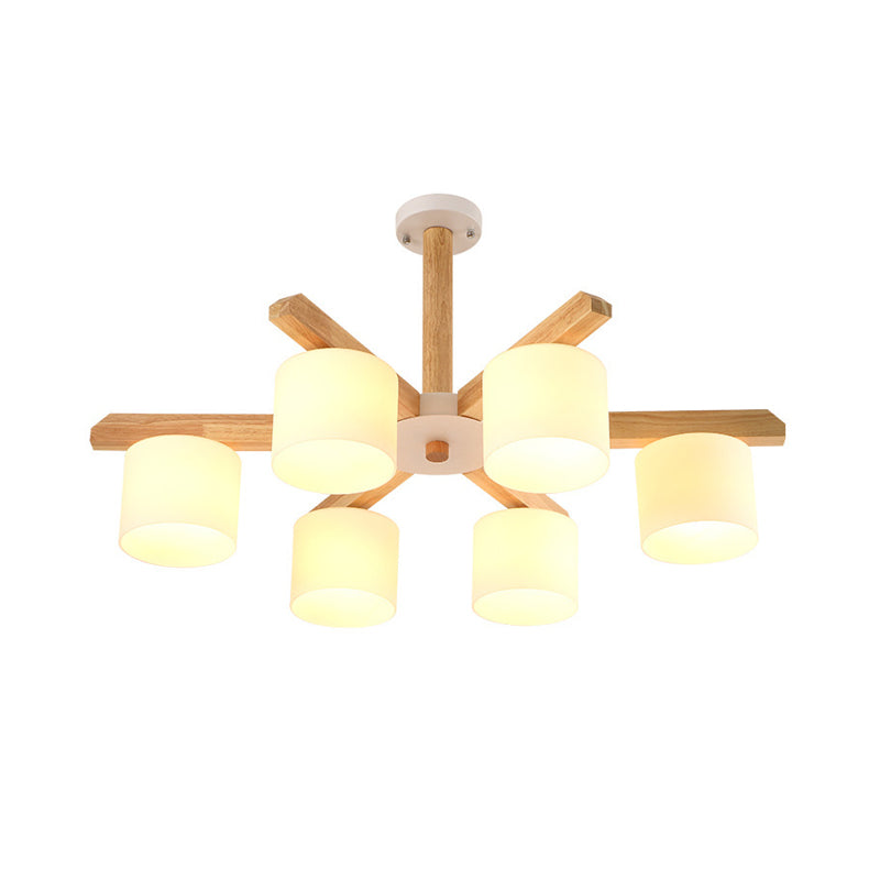 Opal Glass Barrel Shade Hanging Light Contemporary LED Wood Chandelier Light Fixture for Living Room Clearhalo 'Carpenter Chandeliers' 'Ceiling Lights' 'Chandeliers' 'Industrial' 'Modern Chandeliers' 'Modern' Lighting' 2038697