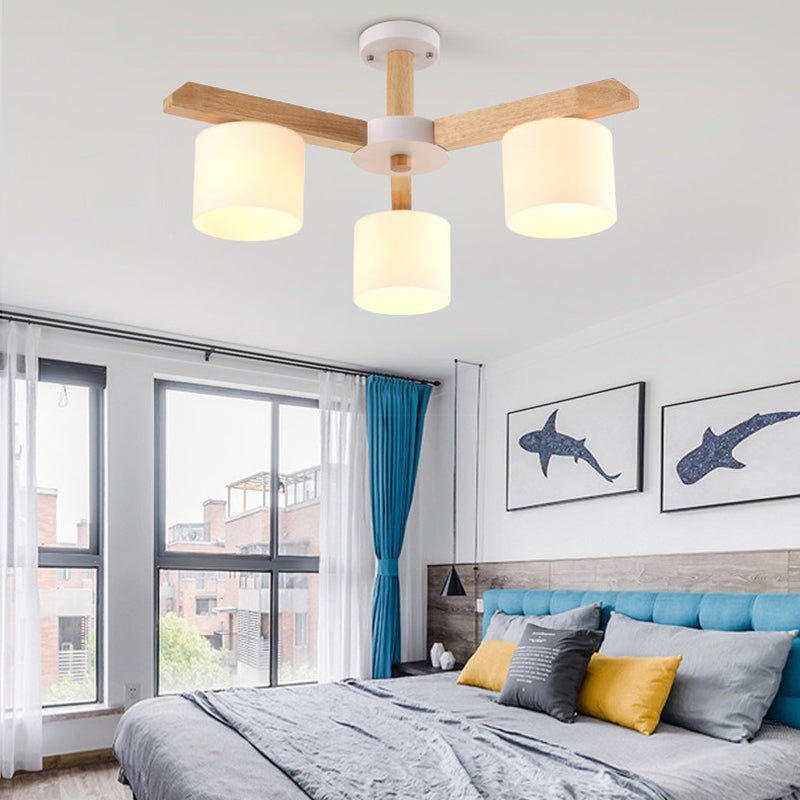 Opal Glass Barrel Shade Hanging Light Contemporary LED Wood Chandelier Light Fixture for Living Room 3 Wood Clearhalo 'Carpenter Chandeliers' 'Ceiling Lights' 'Chandeliers' 'Industrial' 'Modern Chandeliers' 'Modern' Lighting' 2038698